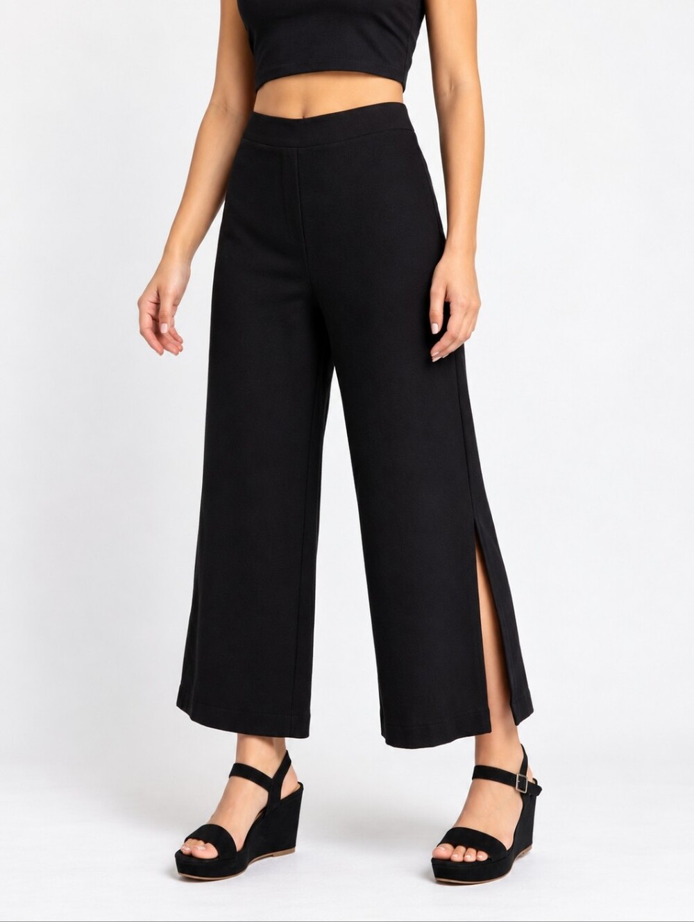 🔥Black Cropped Wide Legs Stretch Pants Side Slit Minimalist Neutral Comfort XS